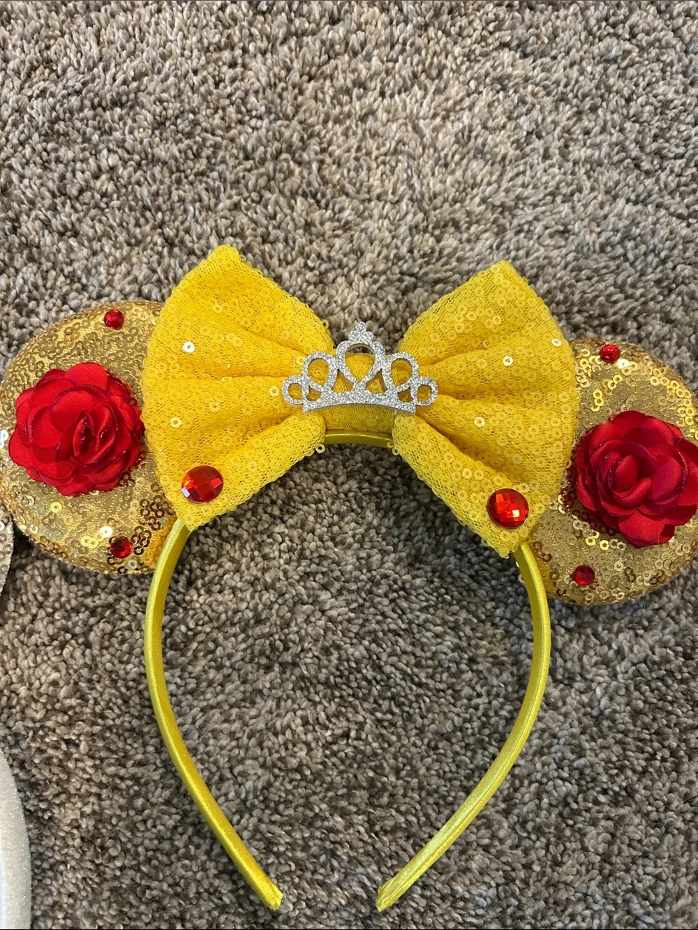 Sequin Minnie Ear Headbands - Blue Bow Cinderella & Yellow red Rose Belle